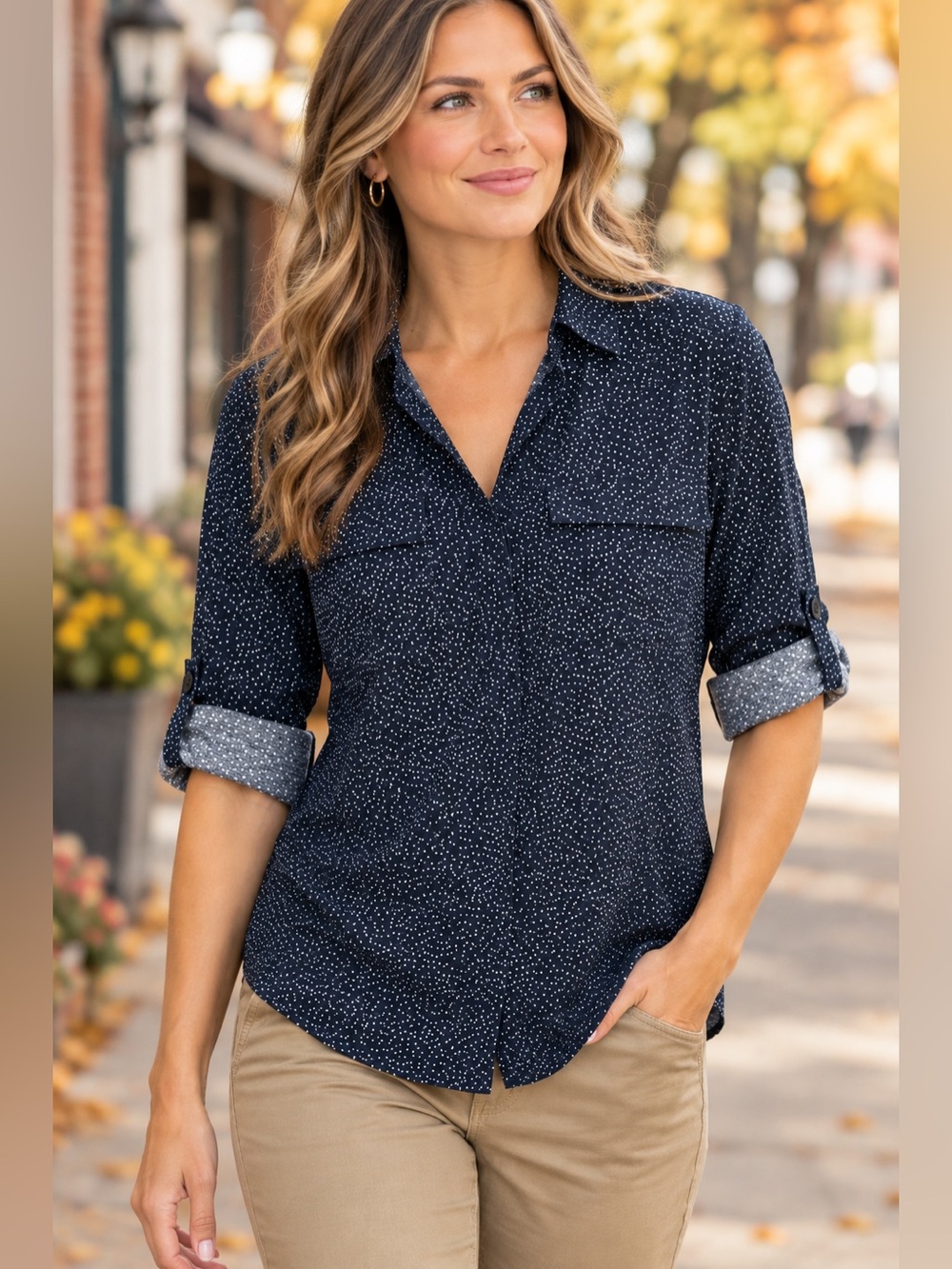 Spense Women’s Navy Blue Microdot Long Sleeve Button-Down Shirt